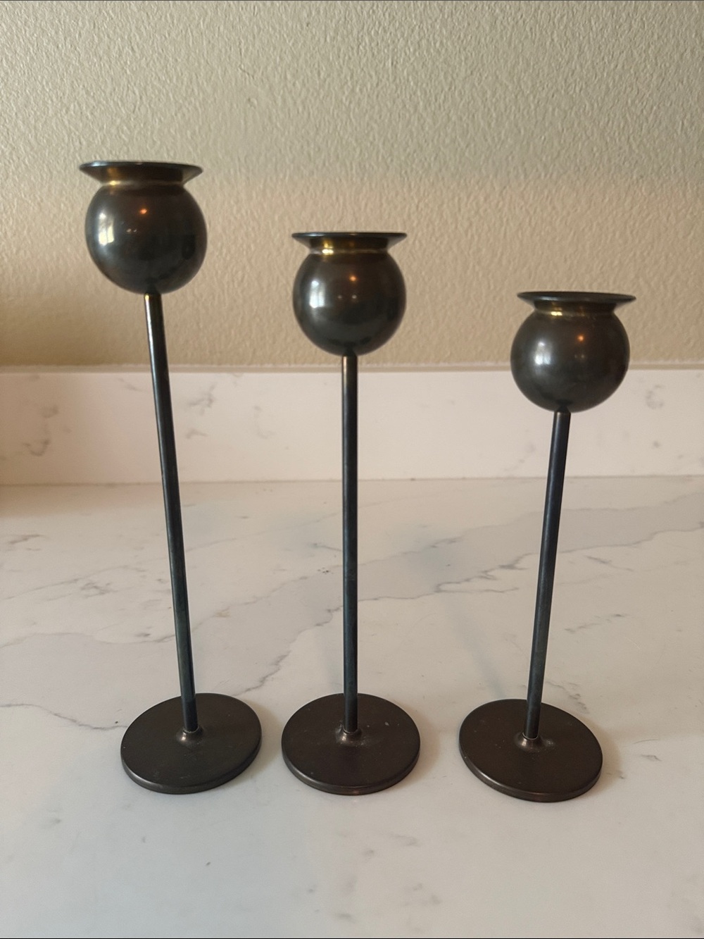 Mid Century Skultuna oxidized Brass Tulip Candle Holders Signed Set of 3